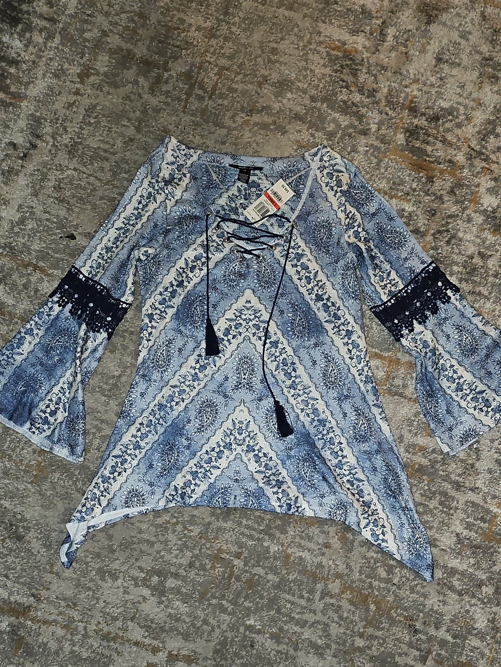 Style & Co. Blue Paisley Lace-Up Bell Sleeve Top Size XS NWT